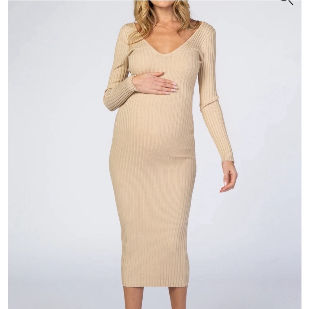Kaylee Kollection Nude Long Sleeve Ribbed Maternity Dress